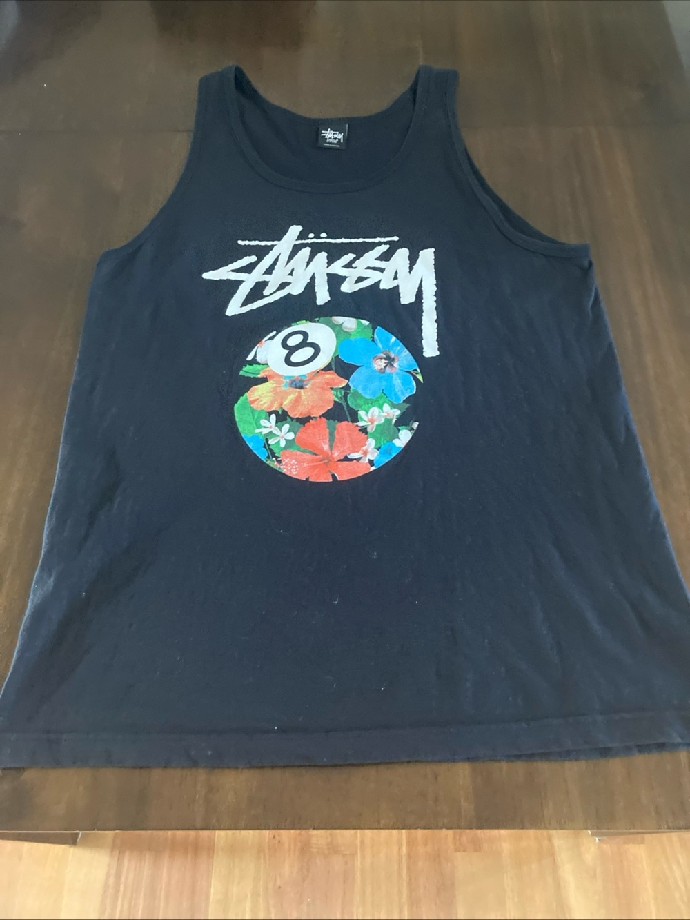 VTG Stussy mens Black Tank Top with Floral 8-Ball Graphic
